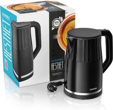 Електричний чайник Arendo з регулюванням температури, нержавіюча сталь, подвійні стінки Cool Touch, дисплей, бездротовий, 2200 Вт, 1,7 л, захист від перегріву, функція підтримання тепла, чорний
