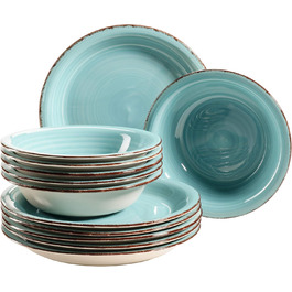 MÄSER Bel Tempo II Dinnerware Set for 6 People with a Modern Vintage Look, 12-Piece Tableware Service, Hand-Painted, Turquoise, Stoneware, 27 centimeters