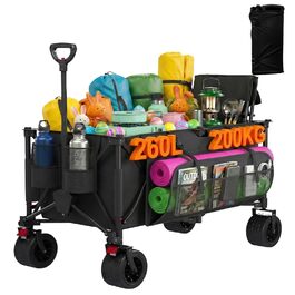 Візок-тележка Devoko 260L складний, вантажопідйомність 200 кг, з гальмом, регульованою ручкою, 3 відділення для зберігання, чорний – для пляжу, кемпінгу, покупок