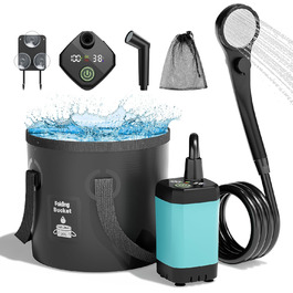 Mytrix 2024 Upgraded Portable Camping Shower Full Set: 6000mAh Rechargeable Power Suction Pump with Smart Display, Multi-Modes Spray Head & 5 Gal Water Foldable Bucket for Outdoor Travel Hiking