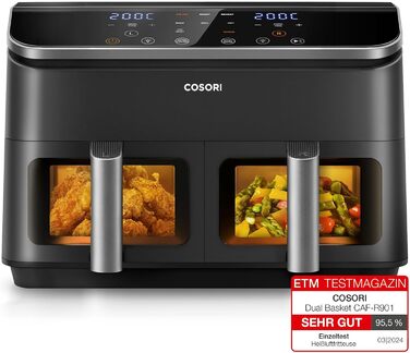 Фритюрниця з двома камерами COSORI Airfryer 8,5 л, 8-в-1, подвійна зона, з віконцем, енергозберігаюча, для 1-5 осіб, чорна