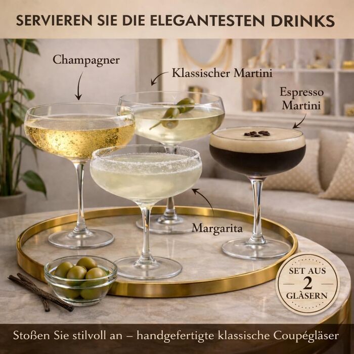 Набір келихів для мартини Vemacity Elegante Espresso Martini (4 шт.) | Келихи для коктейлів ручної роботи | Келихи для шампанського та маргарити | Прозорі келихи для мартини | Ідеальний подарунок (2 келихи + аксесуари)