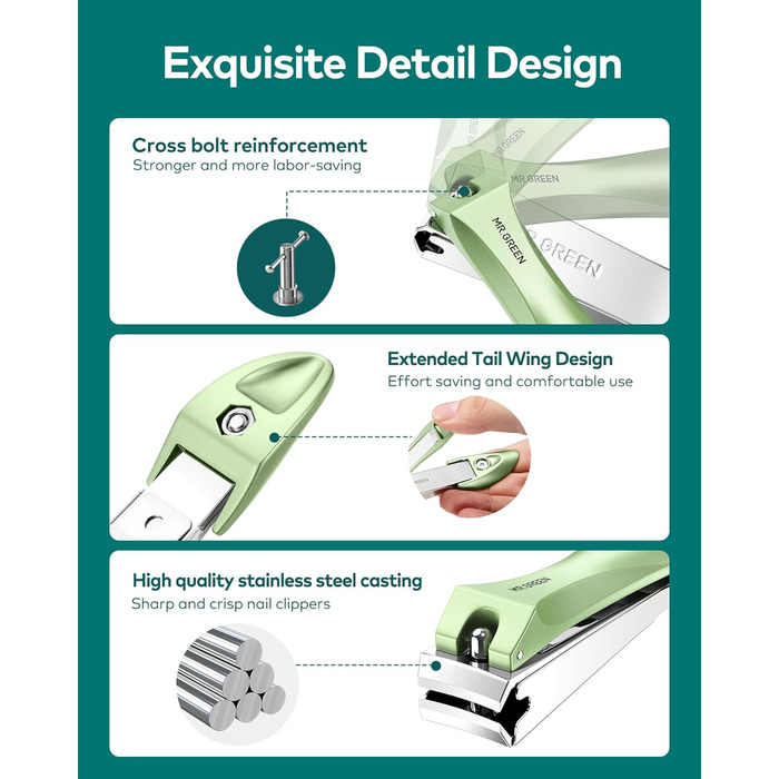 Професійний набір для манікюру MR.GREEN: кусачки для нігтів з пилкою, для чоловіків, жінок, дітей та літніх людей, зелений колір, подарункова упаковка
