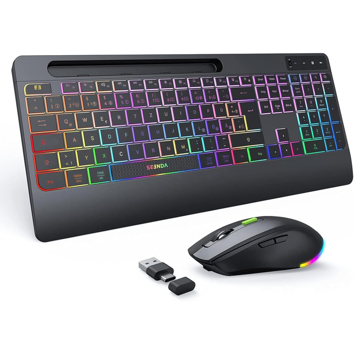 Бездротовий комплект клавіатури та миші Seenda JPX006 з підсвічуванням, USB/Type-C, QWERTZ, з підставкою для телефону та підкладкою для зап'ястя, для PC/Windows/Mac, тихий клік, чорний