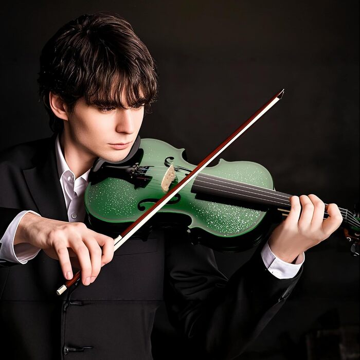 Скрипка Poseidon для початківців: повний набір з аксесуарами (2 смичка, 2 коліфоні, 2 підставки, запасні струни, підставка для плеча, кліп-он тюнер), кейс, розмір 4/4, кольори: білий та зелений (зірка)