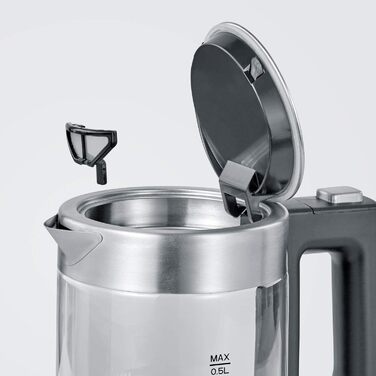 SEVERIN Mini Glass Kettle 0.5 L, powerful and compact with a high-quality design, electric kettle with scale filter, stainless steel/black, WK 3472