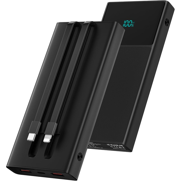 Портативний зарядний пристрій Power Bank 13000mAh з 2 вбудованими кабелями, LED-дисплеєм, підтримкою швидкої зарядки PD, чорний
