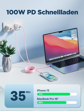 Кабель USB-C на USB-C [2 шт.] 100W, 3м + 3м, рожевий. Підтримка PD, швидка зарядка, для iPhone, Samsung, iPad, MacBook, Pixel, Switch
