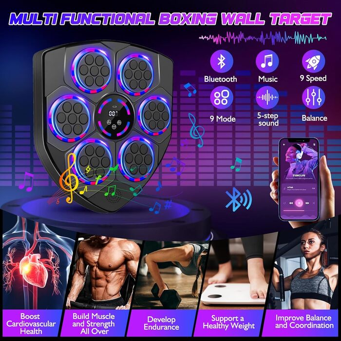 Музична боксерська машина Joellfuner з LED-підсвічуванням, 9 швидкостей, 5 рівнів гучності, режим підрахунку ударів, настінна ціль для тренувань у домашньому фітнес-залі