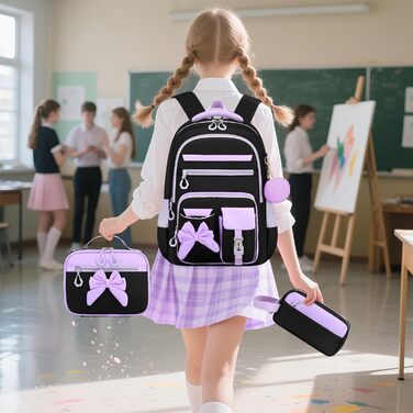 Шкільний рюкзак для дівчаток 3 в 1: рюкзак, ланч-бокс, пенал. Kawaii дизайн, 3-7 клас, для гімназії. Антикрадіжна сумка, 24L, фіолетово-чорний колір.