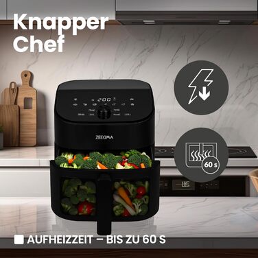 Фритюрниця без олії ZEEGMA KNAPPER, 1700 Вт, 2 відсіки, 9 л, таймер 60 хв, 11 програм, 60-200 °C, сенсорне керування, чорний колір