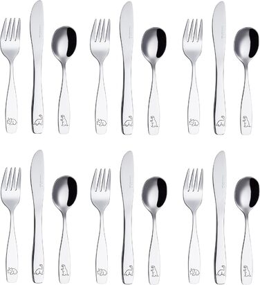 Набір дитячого столового приладдя EXZACT Kinderbesteck Set 18-ти частинний з нержавіючої сталі, від 2 років, безпечні ножі, 6 виделок, 6 ножів, 6 ложок (Dino X 18)