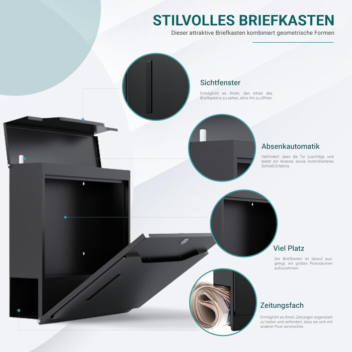 Поштовий ящик преміум класу з газетницею та оглядовим вікном, антрацит - персоналізований з іменем родини, настінний поштовий ящик