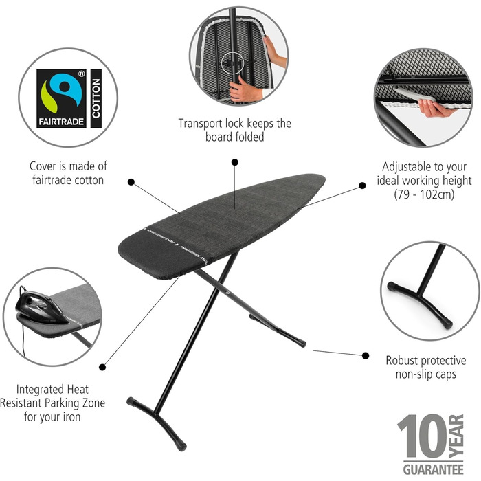 Гірчиця для прасування Brabantia Bügelbrett B, 124 x 38 см, 100% Fairtrade-Baumwolle, стабільна, регульована по висоті, з підставкою для праски, Denim Black