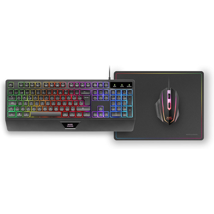 Ігровий комбо MARSGAMING MCP124: Клавіатура H-Mech LED RGB, Миша 3200DPI з HUANO Switches, Килимок Nanotextil 360x260mm, Підтримка Multiplatform, Іспанська розкладка, Чорний колір