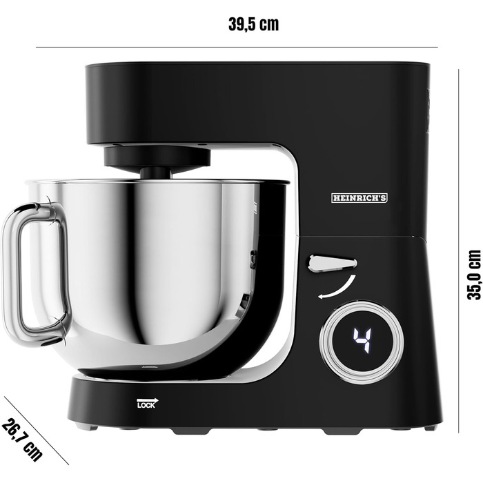 Кухонна машина Heinrichs 2500W з подвійним гаком для тіста, міксером та вінчиком, 8 швидкостей, чаша 8L з нержавіючої сталі, чорна