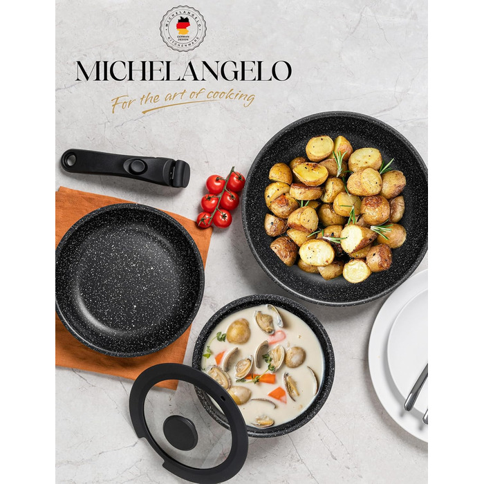 Набір сковорідок Michelangelo (20/24/28 см) з знімним ручками, індукційне дно, антипригарне покриття з мармуру, до 240°C, чорний (5-ти частинний)