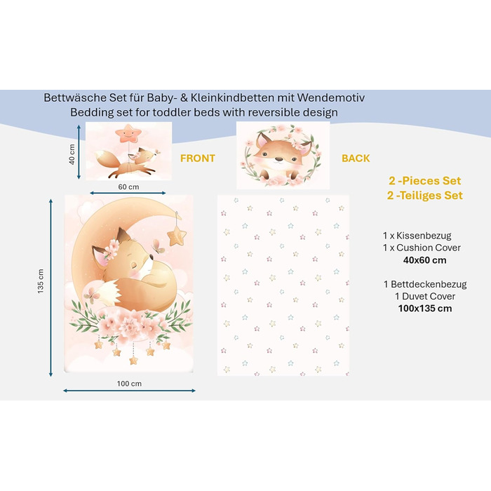 Комплект постільної білизни для дитячого ліжечка: комплект постільної білизни для малюків, постільна білизна для дитячого ліжечка 100x135 см та наволочка 40x60 см з бавовни, сертифікат Öko-Tex Standard, для хлопчиків та дівчаток (з принтом лисички)