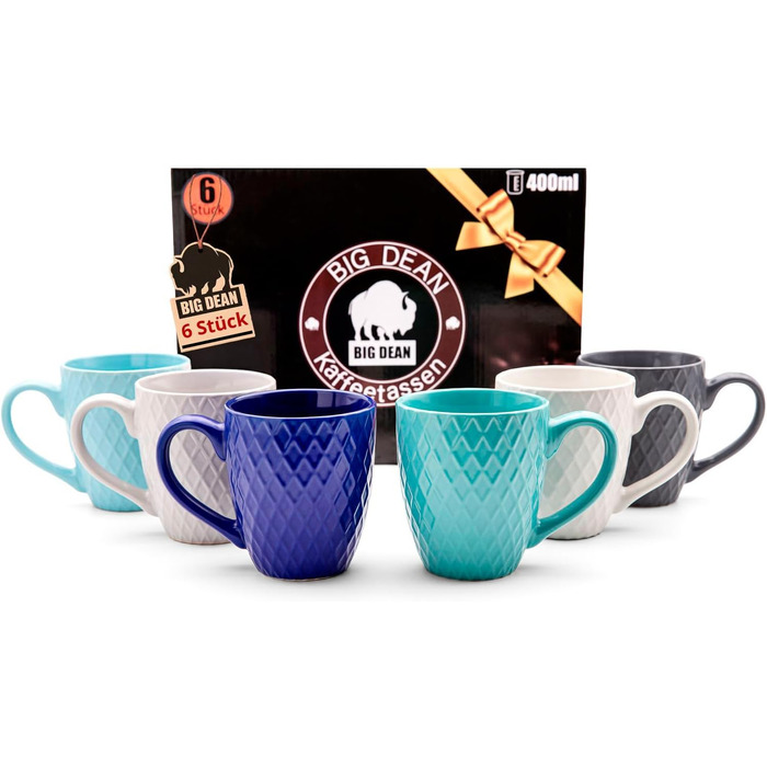 Набір кавових чашок BigDean 6 шт. 400 мл, кераміка, матові, сучасний дизайн, в подарунковій коробці (кольорові)