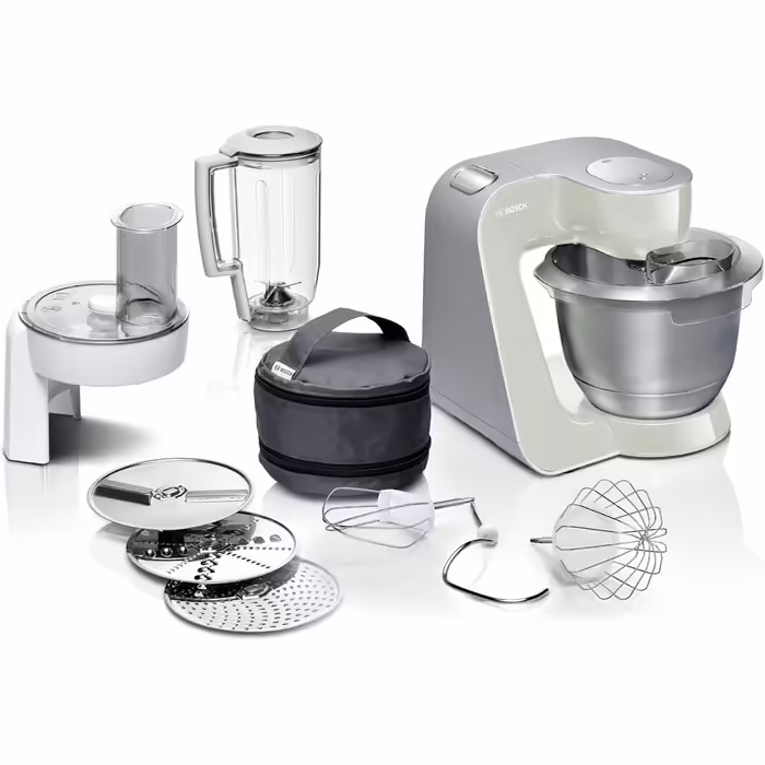 Bosch Kitchen Machine Series 4 MUM58L20, Stainless Steel Bowl 3.9 L, Mixer 1.25 L, Planetary Mixer, Dough Hook, Beater and Whisk Stainless Steel, Food Processor with Through-Feed, 3 Discs, 1000 W, Grey/Silver Grey / Silver