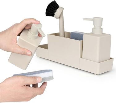 Dish Soap and Hand Soap Dispenser Kitchen Set with Sponge Holder and Brush, Dish Soap Dispenser Kitchen Black, Soap and Dish Soap Dispenser Set Kitchen Gadget Sink Organizer with Soap Dispenser (Beige, 4 in 1)