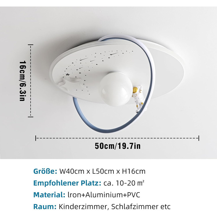 RRBEST LED Ceiling Light, Modern Moon Astronaut Design Ceiling Lamp, Dimmable with Remote Control, Boys and Girls Children's Room Lamps, Decorative Ceiling Lamp for Children's Room