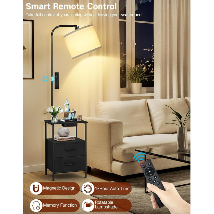 Стельова лампа для вітальні з тумбою та полицею, регульована LED, з пультом, 3 колірні температури, приліжкова тумба з зарядкою та полицею, дерев'яний столик для спальні/офісу (чорний з шухлядами)
