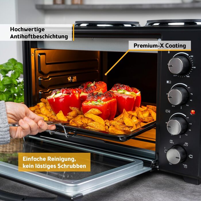 Міні-піч TZS First Austria 45L з плитами 3200W - піч для піци з антипригарним покриттям та 4 рівнями для запікання