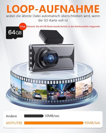 Відеореєстратор Antfutre Dashcam Auto Vorne Hinten 4K+1080P з GPS, WiFi, HDR, G-Sensor, 24/7 Parküberwachung, Loop-Aufnahme MXC-857-64GB