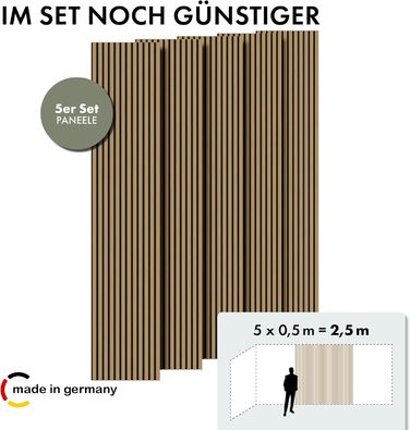 Акустичні настінні панелі Momento з натурального дуба 240x50 см (5 шт), ламелі для шумоізоляції, колір дуб натуральний, чорний фетр, Made in Germany
