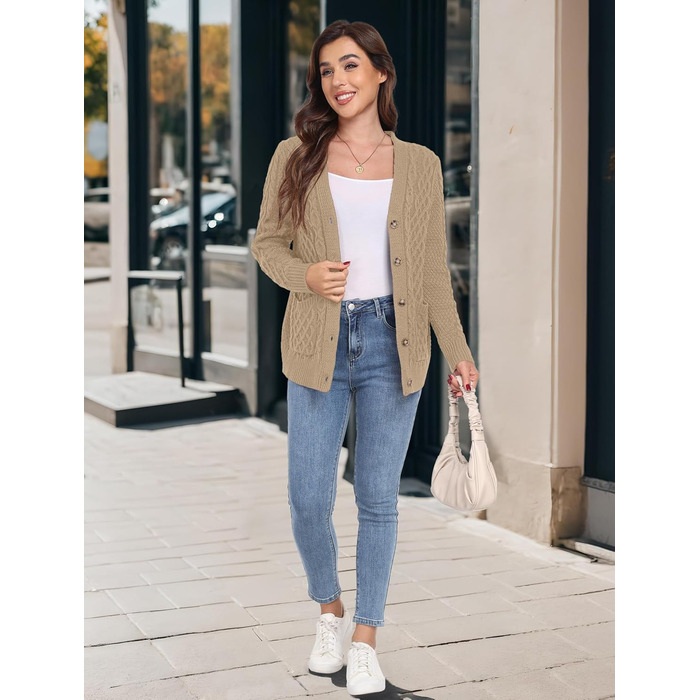 Жіночий в'язаний кардиган GRECERELLE з V-подібним вирізом та ґудзиками, класичний стиль, осінь-зима, бежевий колір