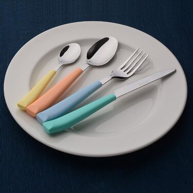 EXZACT 24-Piece Cutlery Set - Stainless Steel with Vividly Colored Plastic Handles - Comfortable to Hold - 6 x Forks, 6 x Knives, 6 x Dinner Spoons, 6 x Teaspoons (Mixed Color x 24)