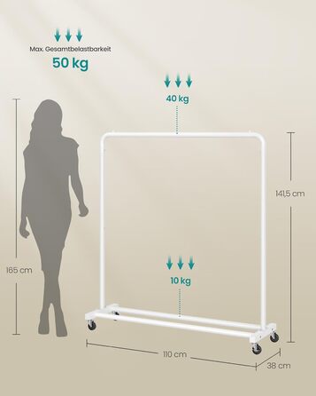 SONGMICS Кільцева вешалка для одягу на колесах, біла, до 50 кг, 38 x 110 x 141,5 см, HSR016BH01