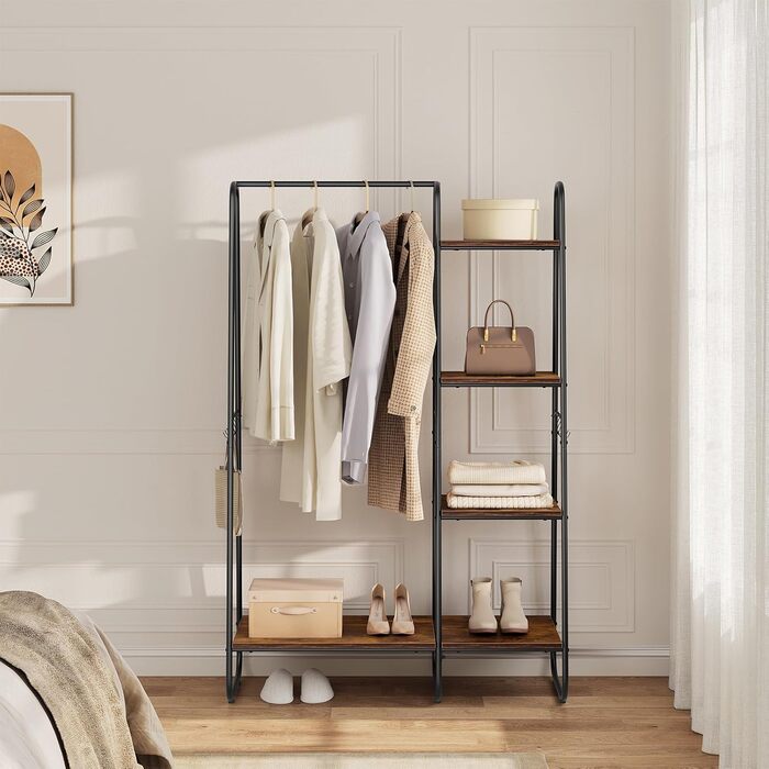 Clothes Rack, Stable Wardrobe, Clothes Rail with 5 Shelves, 6 Hooks, Black Metal Coat Rack, Freestanding Coat Stand