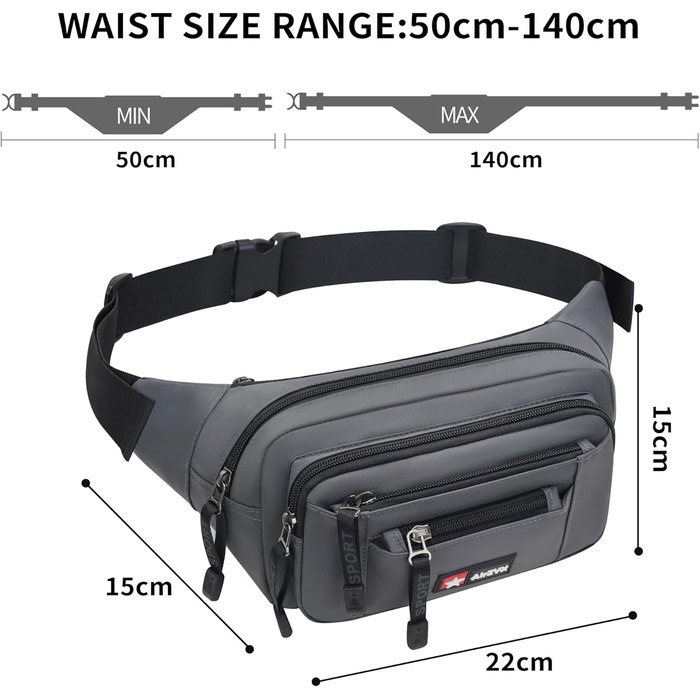 Водонепроникна поясна сумка-бананка для чоловіків та жінок. Багатофункціональна сумка на пояс з блискавкою. Підходить для подорожей, походів та активного відпочинку (Сірий)