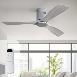 Стелянка вентилятор Sofucor з пультом керування, дерев'яна стельова вентиляція з 3 лопатями, 132 см, тиха, 6 швидкостей, таймер, DC двигун, режим літо-зима для спальні (Без світла + Flush Mount, сірий колір дерева)