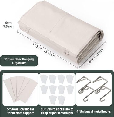 Організатор для дверей з 4 кишенями, Бохо декор, Настінна полиця-організатор з 2 гачками, Складаний настінний органайзер для спальні, дитячої кімнати, ванної (5 кишень-слонова кістка)