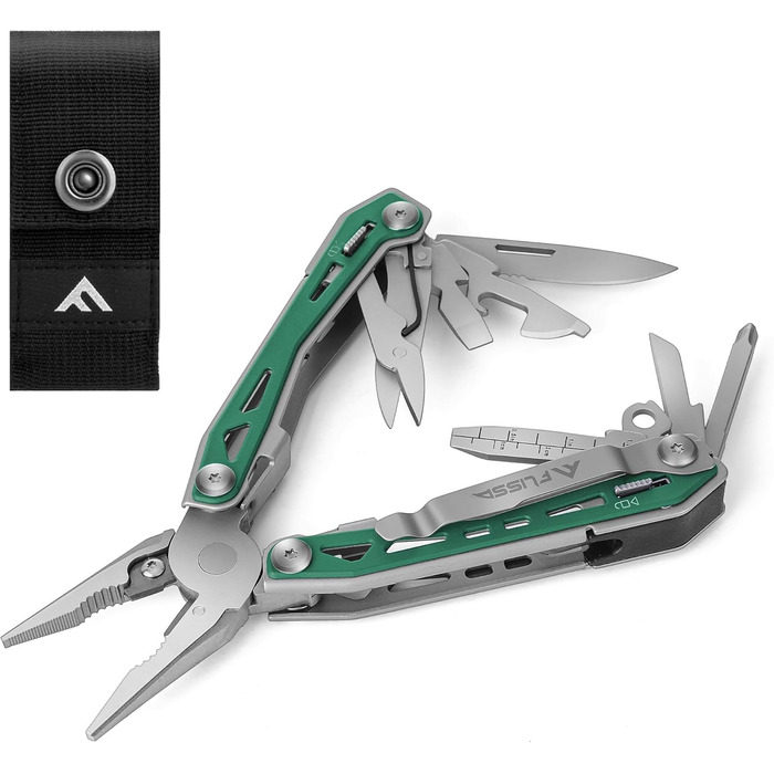 Мультитул FLISSA 16-в-1: мультиінструмент з нержавіючої сталі з ножем, ножицями, пилкою, відкривачкою для пляшок. Ідеально для кемпінгу, відпочинку на природі та ремонту. У комплекті сумка. Матовий зелений.