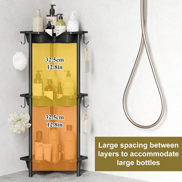 Orimade 4-Piece Shower Caddy Standing Stainless Steel, Corner Shower Shelf Freestanding with 4 Hooks, Plastic-Metal Combination Shower Baskets Floor Standing for Bathroom, 10 x 10 x 44.6 inches Black