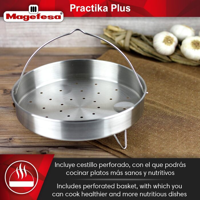Скороварка Magefesa Practika Plus 7.5 л з кошиком і скляною кришкою, нержавіюча сталь 18/10, для індукції, з датчиком тиску
