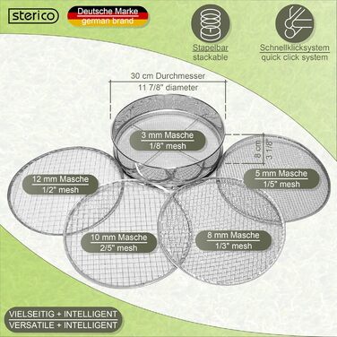 Садовий сито Siebmeister 5000, 5в1: металеве сито з 5 змінними сітками (3,5, 8, 10, 12 мм), для ґрунту, каменів, компосту, бур'янів, піску, щебеню та насіння, діаметр 30 см, антикорозійне покриття
