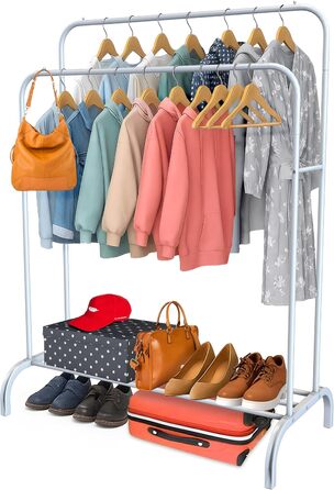 Підставка для одягу PORTENTUM: сталева, до 35 кг, з подвійною перекладиною та полицею для взуття, протиковзкі ніжки, захисні кінчики, швидкий монтаж, білий (без вішалок)