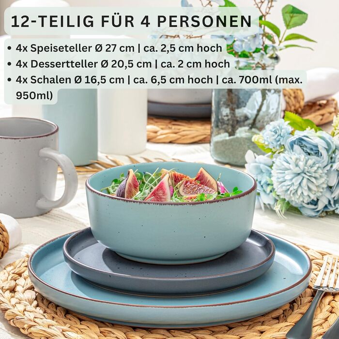 Набір посуду SÄNGER Bombay Sky Shades (12 предметів) | Столовий сервіз для 4 осіб, 4 тарілки для їжі, 4 тарілки для десерту, 4 миски | Яскравий набір тарілок, кераміка