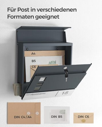 Поштовий ящик SONGMICS з персоналізованим гравіюванням, номерний знак, сучасний антрацитово-сріблястий, з замком та вікном для газет