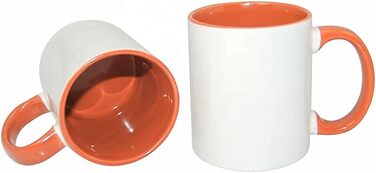 MR.R Set of 6 Sublimation Blanks, Dishwasher Safe, White Ceramic Mug, Porcelain, Coffee Mug with Inner Handle, Orange Color, Round Handle, 11 Ounces, for Heat Transfer Printing
