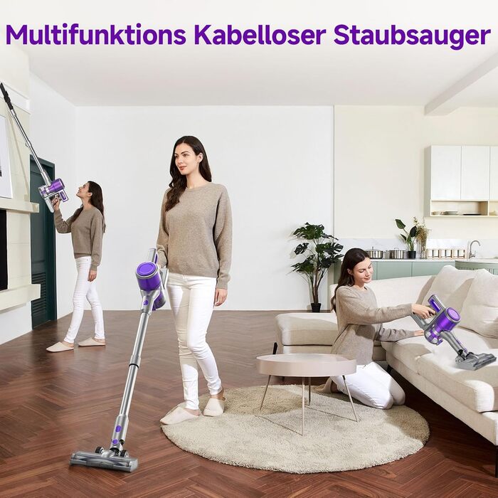 Бездротовий акумуляторний пилосос 35KPA/45Mins з LED-підсвічуванням, HEPA-фільтром та насадкою для підлоги, для тварин, килимів та твердих поверхонь, фіолетовий