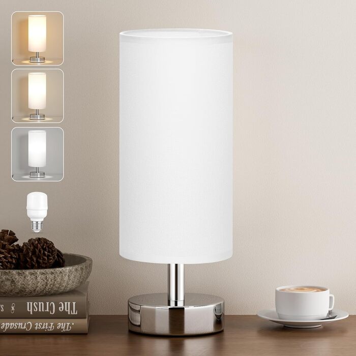 Нічна лампа Kakanuo з 3 колірними температурами, біла торшер з вимикачем, льняний абажур, маленька лампа для вітальні, спальні, офісу, дитячої кімнати (LED лампа в комплекті), біло-чорний колір (білий+срібний)