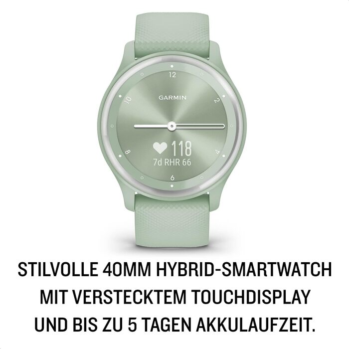 Garmin vívomove Sport - смарт-годинник з аналоговими стрілками та сенсорним дисплеєм. Функції спорту та здоров'я, сповіщення зі смартфона та до 5 днів роботи від акумулятора. Колір: м'ятний