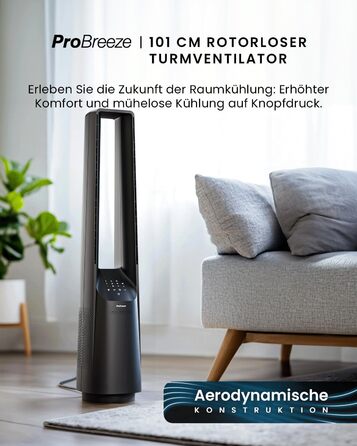 Вентилятор Pro Breeze 101см з ротором, Smart Home, Wi-Fi, LED дисплей, 6 швидкостей, тихий, 5 режимів, осциляція 60°, таймер 7год, чорний