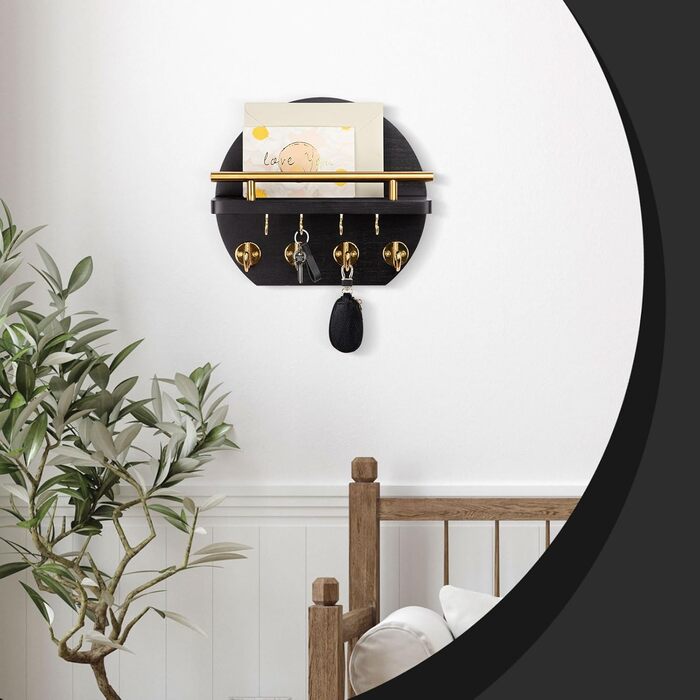 Настінна вішалка для ключів Nekon з полицею та 8 гачками, 24.8 см, чорний/золотий колір, декор для дому